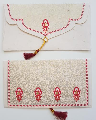 Geschenkumschläge Golddruck weiß-rot 5er-Pack, 9X17cm, 100% Loktapapier, Nepal